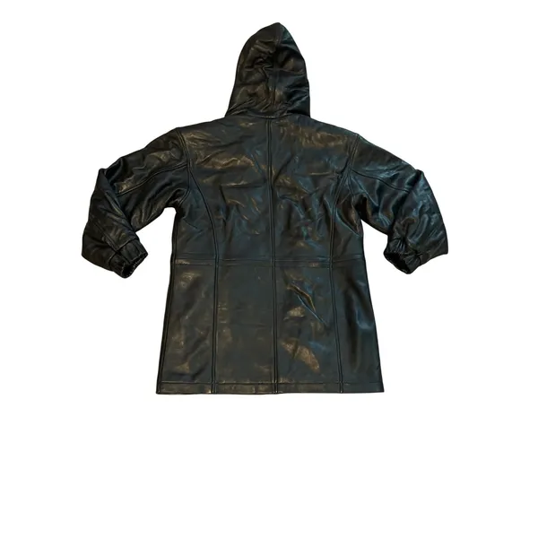 Sonoma women Black Genuine Leather Hooded Jacket Parka Coat Small fur lined hood - Image 2