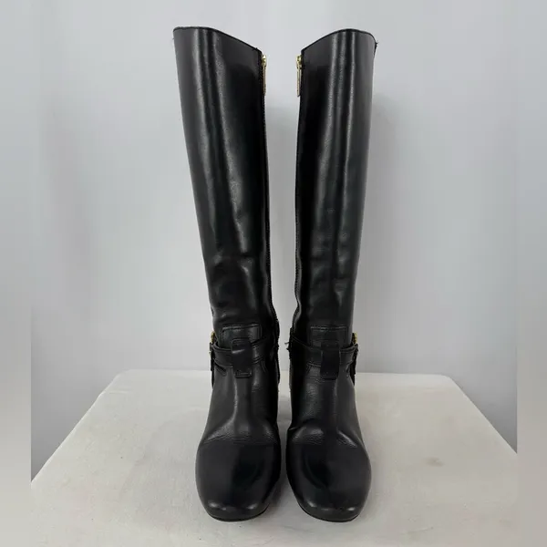 Vintage Y2K Tory Burch Leather Gold Logo Knee High Heeled Boots in Black Size‎ 7 - Image 4