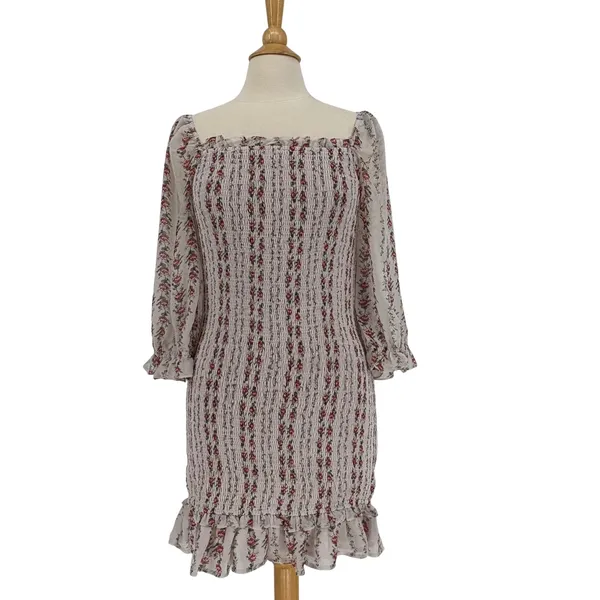 Aura‎ Floral Smocked Mini Dress Large Cream Red Square Neck Boho Cottagecore - Image 2