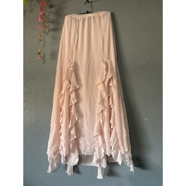 Thirty/Thirty L.A. Blush Pink Ruffle Lace High Low Maxi Skirt Size S Boho - Image 4