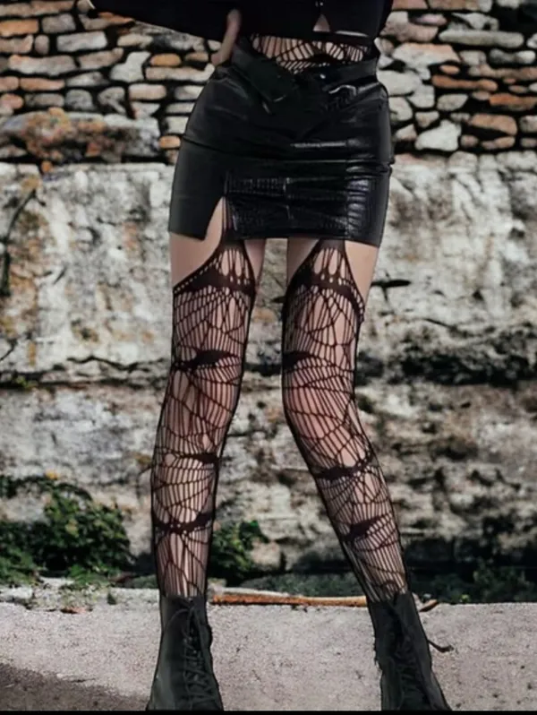 Black Bat Fishnet Suspender Tights Hollow Out High Waist Mesh Pantyhose One Size - Image 10