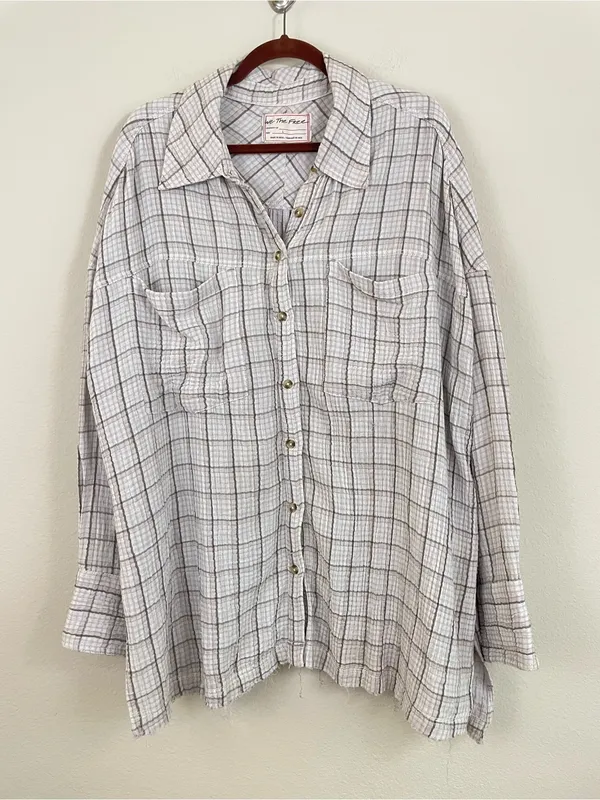 We The Free Cardiff Plaid Oversized Gauze Button Up Tunic Shirt Lilac Size Large - Image 3
