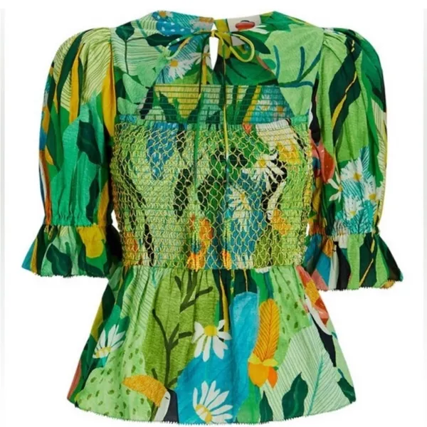 Farm Rio Vintage Toucans Smocked Peplum Top Medium - Image 3