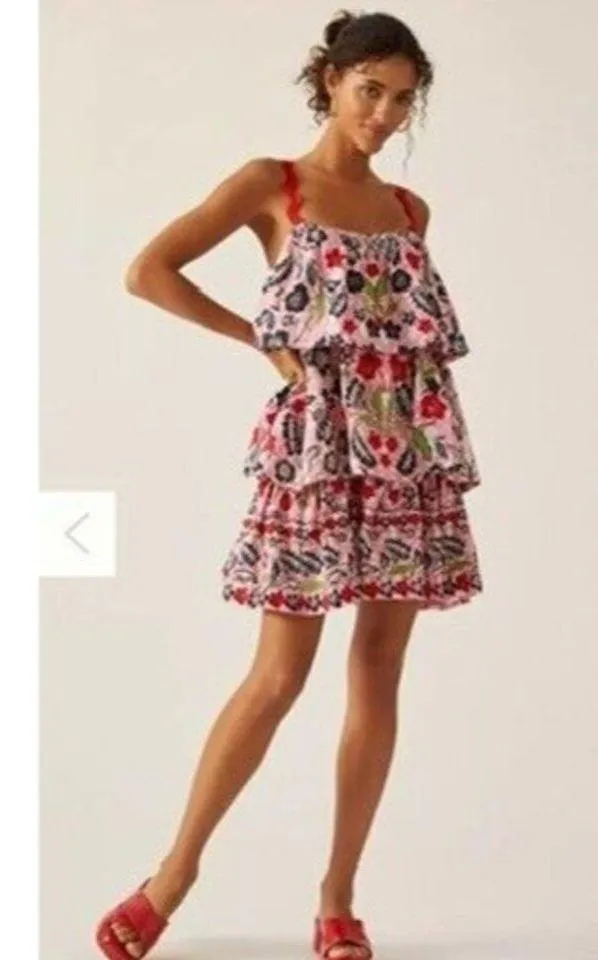 Anthropologie x Maeve Tiered Printed Mini Dress large EMBROIDERED SQUIGGLE - Image 15