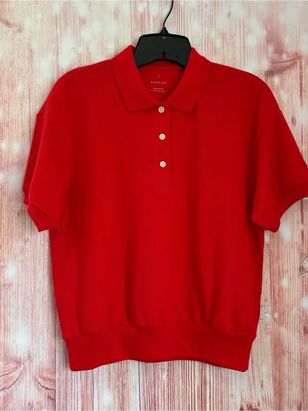 Everlane The Oversized Polo Red Puff Sleeve Short Sleeve Top Size Small NWOT - Image 2