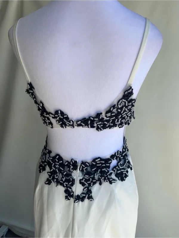 White floor length gown black beaded applique formal prom wedding Halloween - Image 7