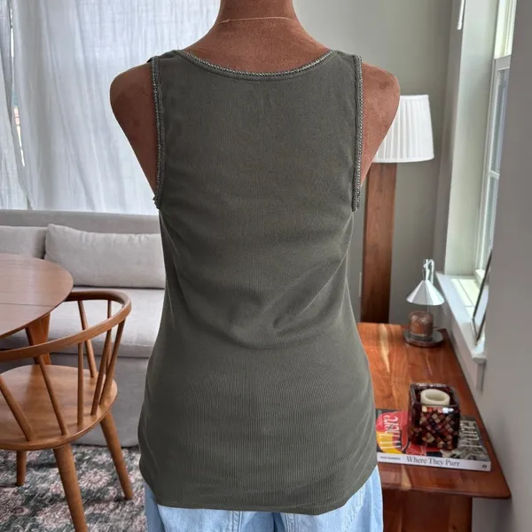 2007 Express Basic V Neck Metallic Trim Green Ribbed Tank Top 100% Cotton Small‎ - Image 3