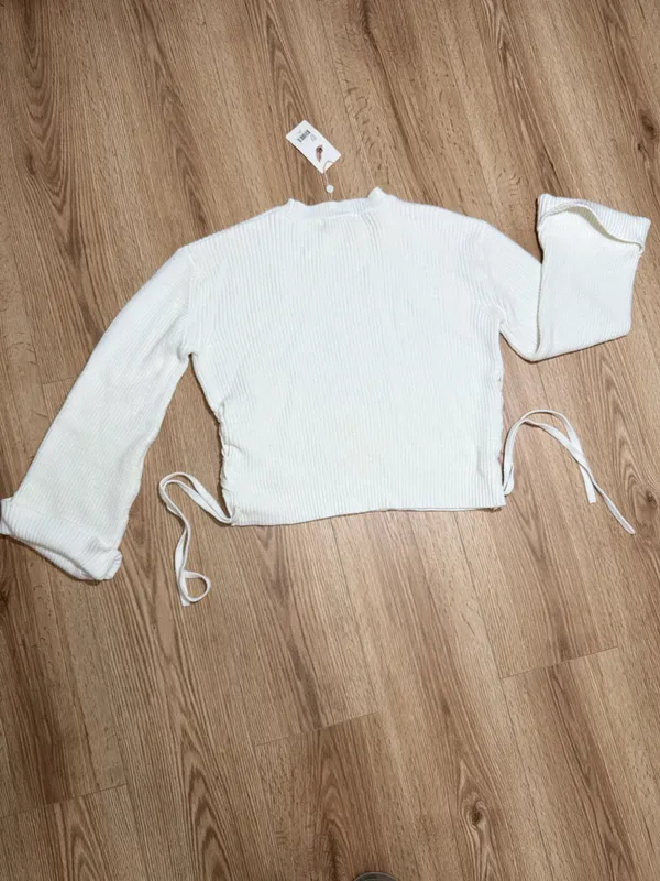 Chelsea &‎ Violet Ivory Cropped Waffle Pullover with Side Ties - Image 2