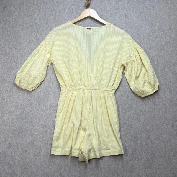 Billabong Womens Yellow Striped Puff Sleeve Button Front Seersucker Romper Sz‎ S - Image 5