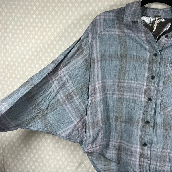 Free People Women Top Sz XS Blue Cutie Plaid‎ Button Down Oversized Bohemian - Image 5