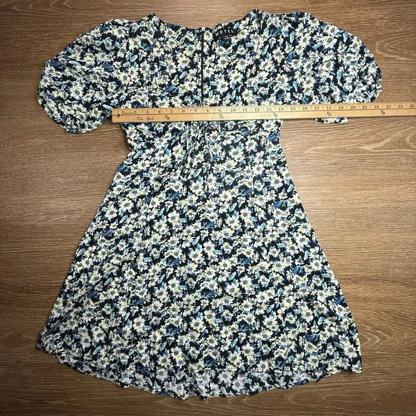 Motel Floral Mini Dress Womens XS Blue Black Puff Sleeve Ruched Cottagecore EUC - Image 5