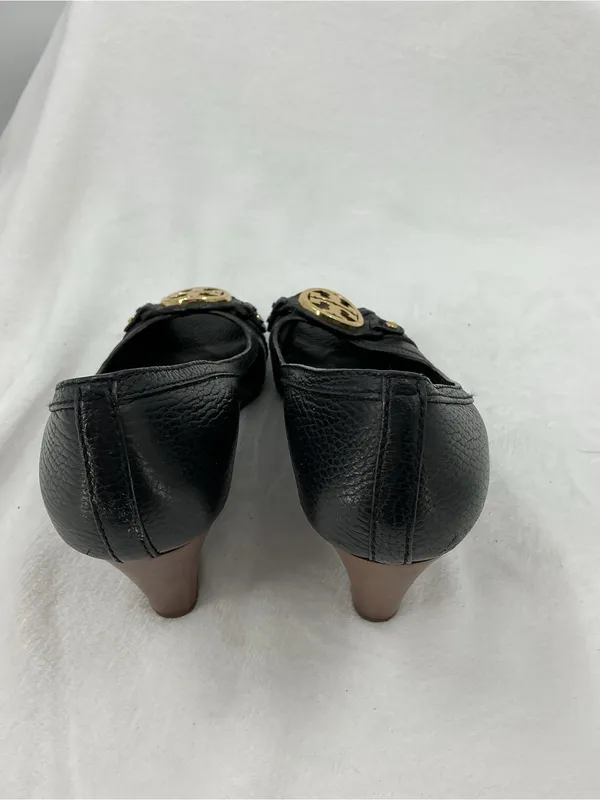 Tory Burch Black Leather Peep-Toe Heels with Gold Logo Medallion B47 - Image 3