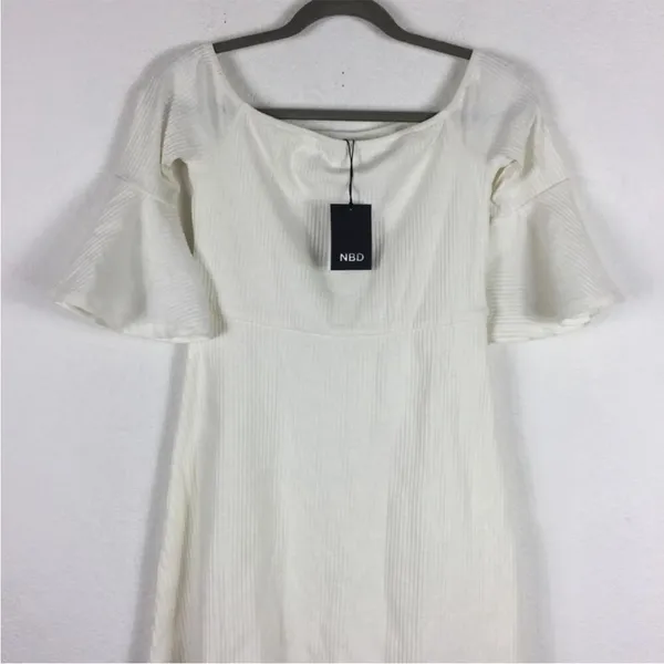 NWT NBD Seduire White Off Shoulder‎ Mini Dress Ribbed Bell Sleeve Bridal Small - Image 12