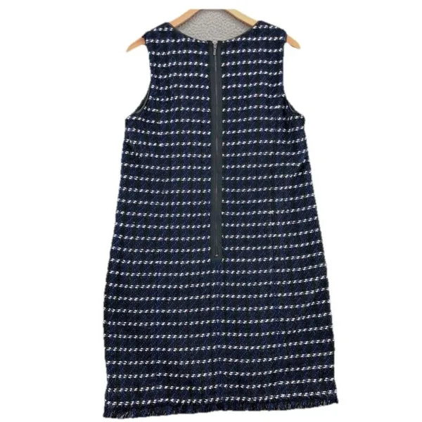 Ann‎ Taylor Dress Womens 4 Blue Boucle Knit Mini Shift Fringe Glitter Sleeveless - Image 2