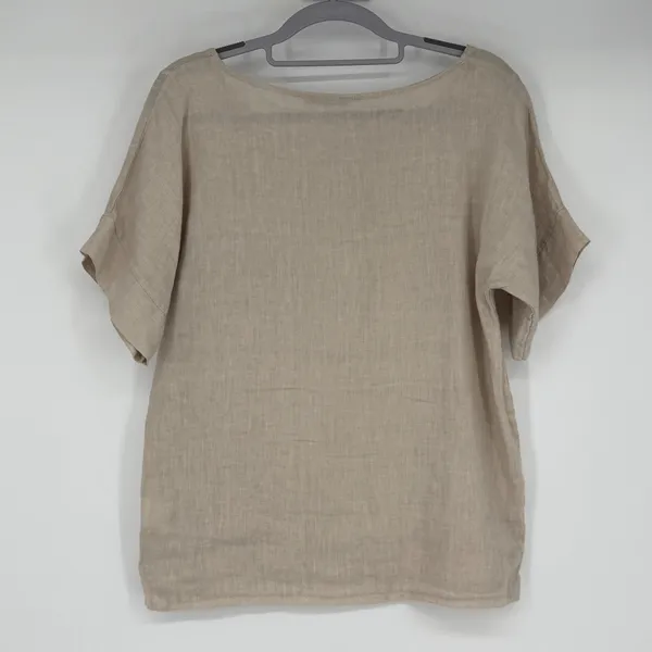 Francesca‎ Bettini 100% Linen Top Italy Beige Short Sleeve Pocket S Lagenlook - Image 2