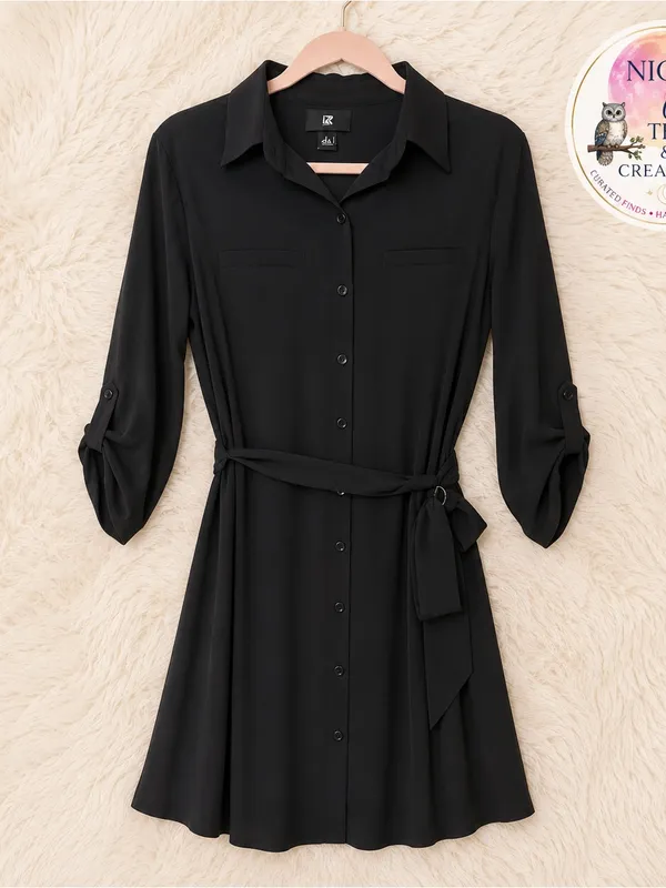 IZ‎ BYER Black Dress Large ~ Tie Waist Belt - Button Front Cap Sleeves - Image 3