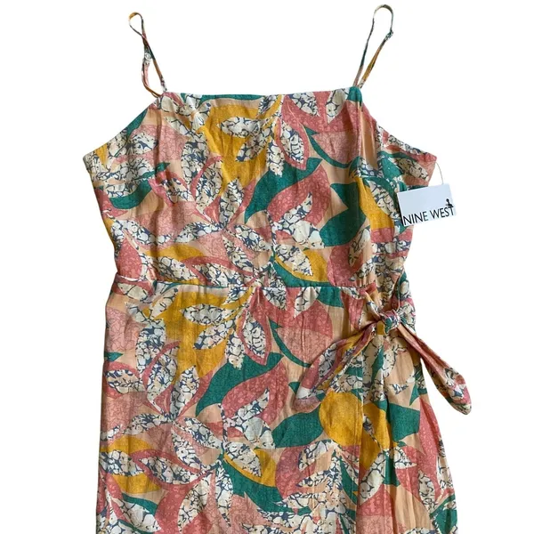Nine West Women Multicolor‎ Tropical Print Faux Wrap Mini Dress Square Neck NWT - Image 3