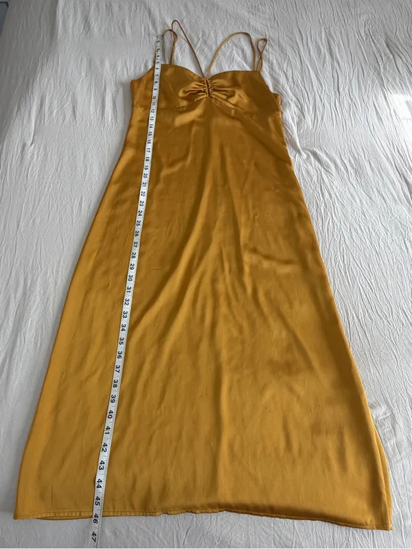Zara Mustard Satin Midi Slip Dress‎ with Ruched Front Size Large - Image 6
