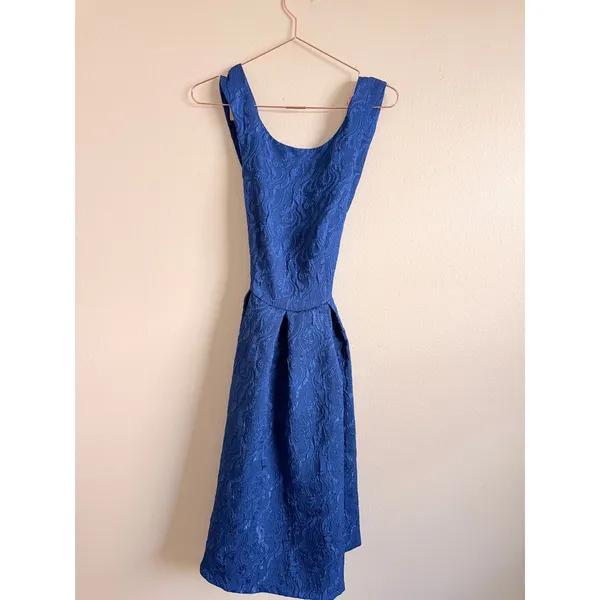 Eva Franco Cocktail Dress Womens 4 Blue Jacquard Criss Cross Back Fit &‎ Flare - Image 3
