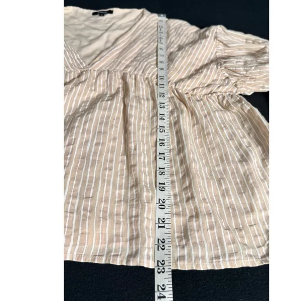 Wishlist Tan White Striped V-Neck Balloon Sleeve Babydoll Blouse Large - Image 9