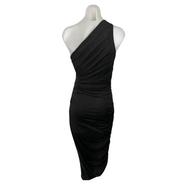 NEW Sincerely Jules Black Sleeveless One Shoulder Ruched Midi Bodycon Dress Sz M - Image 2