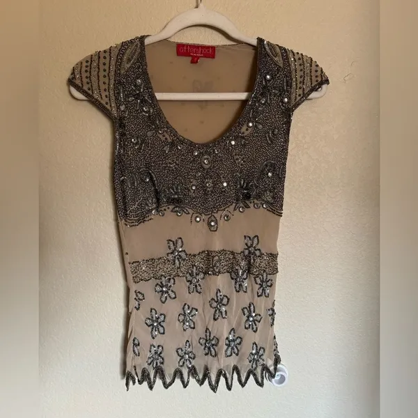 Vintage 90s does 20s Beaded Silk Embroidered Blouse Sz S Cap‎ Sleeve - Image 2