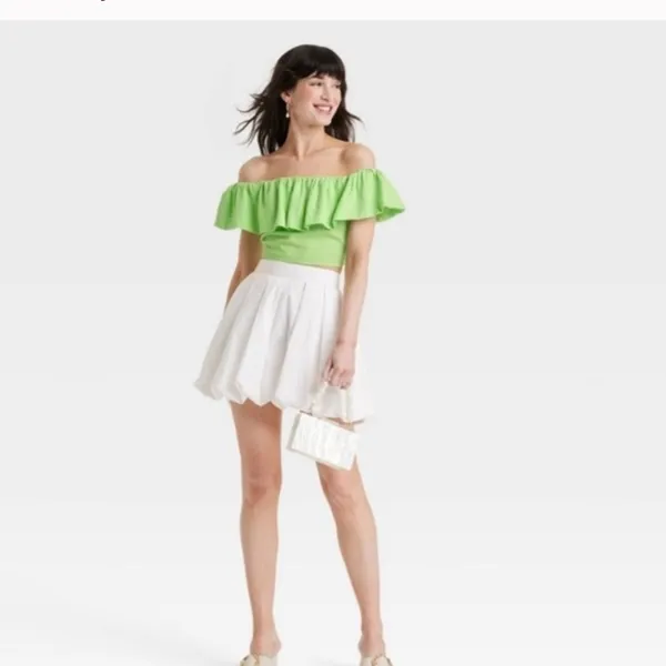 Women’s XXL "A New Day" Ruffled Crop Top, Off the Shoulder, Lime Green XXL - Image 5