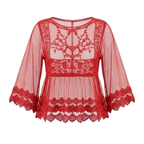 Pink Melo Red Mesh Crochet Lace Peplum Top Bell Sleeve Boho Large Festival Goth Dark Fairy - Image 2