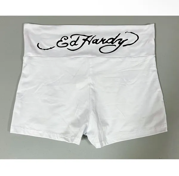 Ed Hardy White ‘Love Kills Slowly’ Skull Graphic Y2K Fold Over Shorts Bottoms Size S 🌹✨ - Image 3