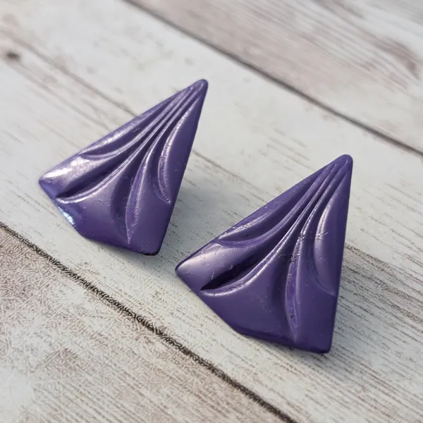 Vintage Clip On Earrings Retro Deep Purple Statement Triangle 1.25" large - Image 3
