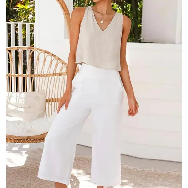 NWT IDEALSANXUN Women's Beige Cotton Linen V-Neck Crop Tank Top Medium - Image 3