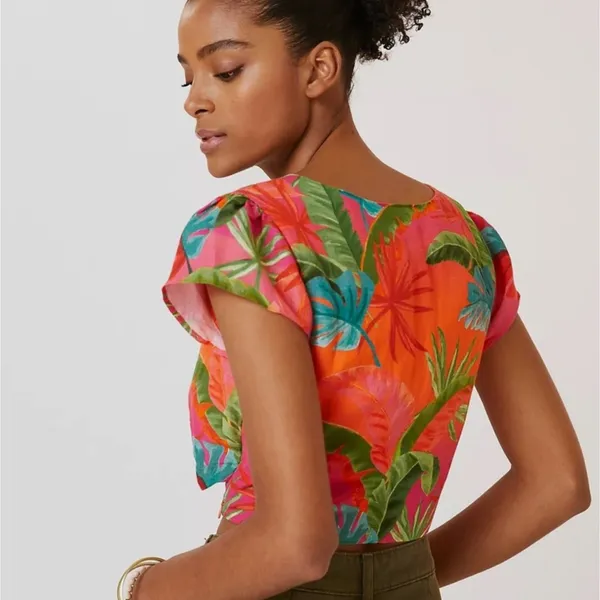 Anthropologie Tropical Floral Knot-Front Crop Top in Coral & Teal - Image 3