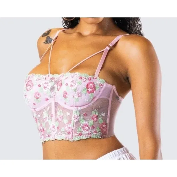 Fairycore Coquette Pink Green Floral Embroidered Corset Top Finesse Olivia M - Image 6