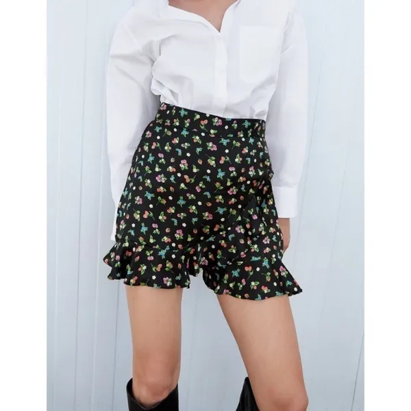 ZARA Black Floral Fruit Berries Ruffled Satin Shorts Skort Satin Summer X-Small - Image 7