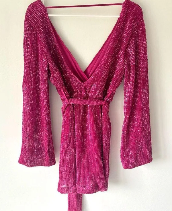 Hello Molly Static Memory Pink Sequin Dress Mini Long Sleeve Sparkle Party - Image 13