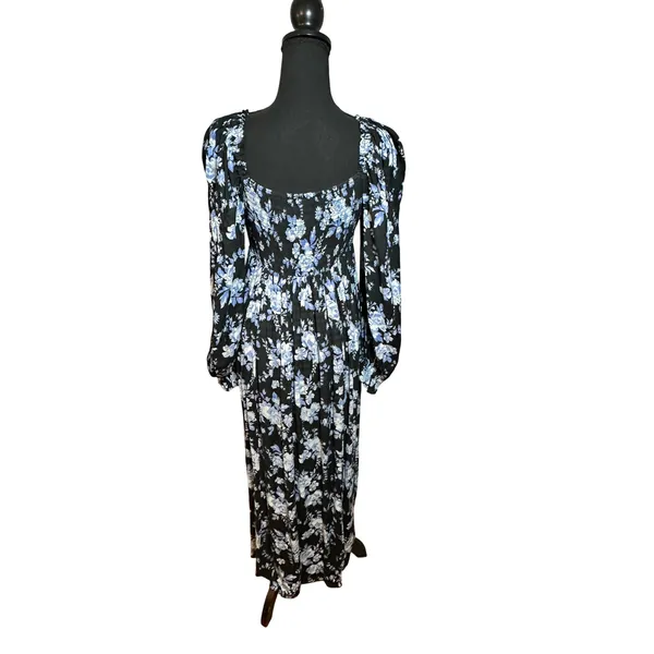 Free People Jaymes Black Blue Floral Smocked Maxi Dress Long Puff Sleeve XS - Image 5