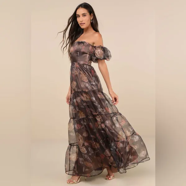 Lulus Exquisite Finesse Brown Floral Organza Maxi Dress With Pockets - Image 2