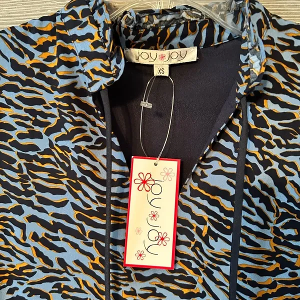 Joy Joy Women Animal Print Blue Tie Neck Long Sleeve Tiered Dress XS‎ - Image 3