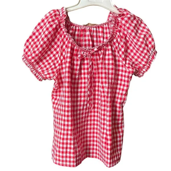 Belle Pogue size L seersucker checked puff sleeve top. Country farm life. - Image 2