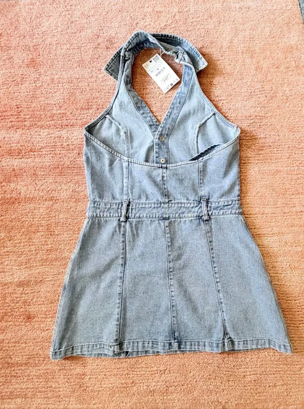 Zara Denim Halter Mini Dress Light Wash Sleeveless Button Front Size M NWT - Image 7