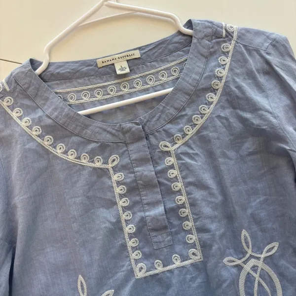 Banana Republic Tunic Top Women L Blue Embroidered Cotton Long Sleeve 762337-00 - Image 4