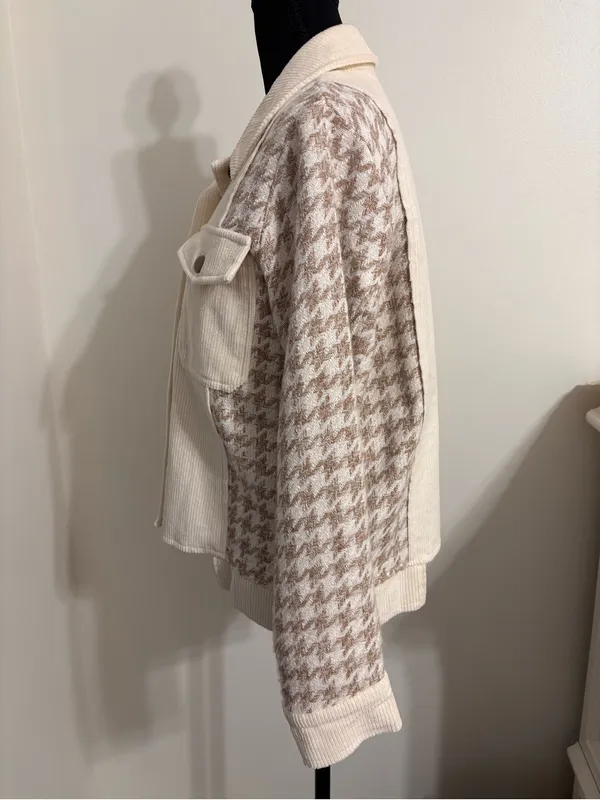 Mystree Corduroy Jacket S Cream Herringbone Mixed Media Utility Shacket fall - Image 6