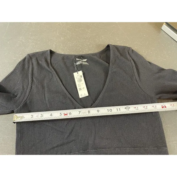 Garage Black Ribbed L Cropped Top Seamless Deep V-Neck Long Sleeve Y2K Look NWT - Image 8