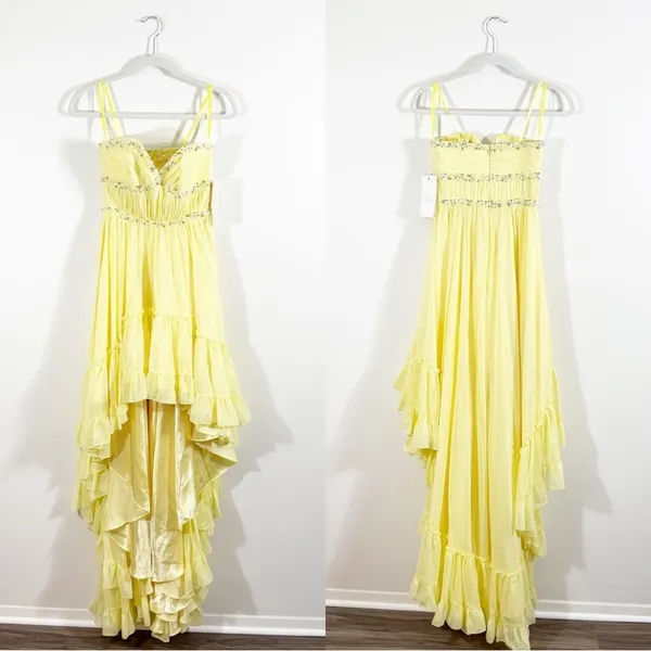 NWT Mac Duggal Yellow Beaded Ruffle High Low Gown Size 0 - Image 4