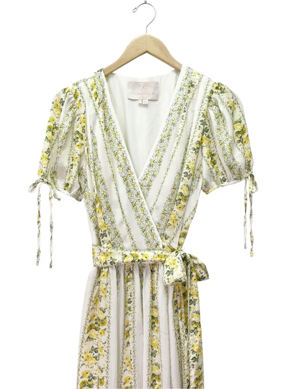 Gal Meets Glam Imogene Maxi Dress Sz 4 Yellow Floral Stripe Wrap Puff Sleeve GMG - Image 5