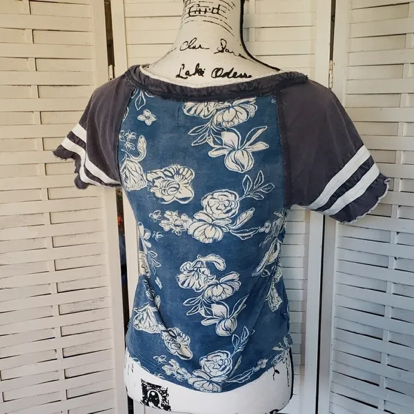 We The Free Blue Floral Raglan Short Sleeve Tee with Gray Sleeves - Image 3