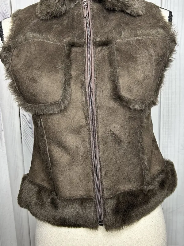 Bebe Faux Fur Suede Vest Womens Sz XS Brown Full Zip Vintage - Image 3