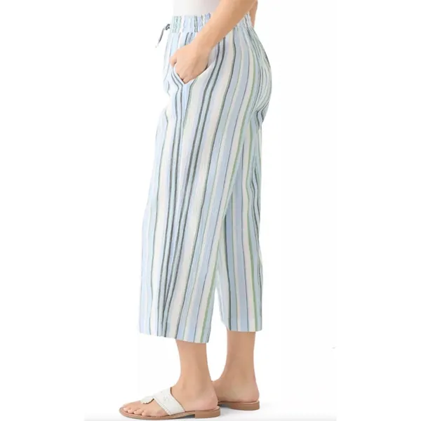 Wonderly Womens Cotton High Rise Tie Waist Ankle Pants Blue Green Striped XL - Image 4