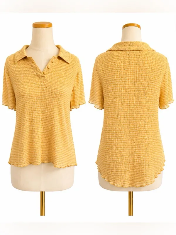 Madewell Textured Stripe Collared Top Women’s Large Yellow Ivory Short Sleeve - Image 4
