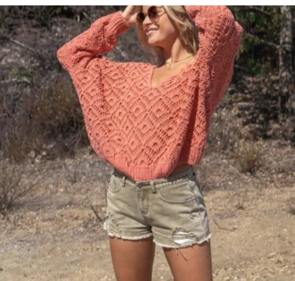 VICI Chenille oversized coral chunky knit V-neck sweater sz S - Image 2